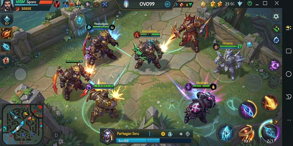 Screenshot OVO99 menampilkan pertempuran epik antar karakter MOBA.