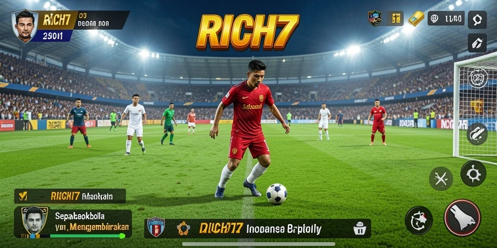 Screenshot utama RICH7 menampilkan aksi seru di lapangan sepakbola.