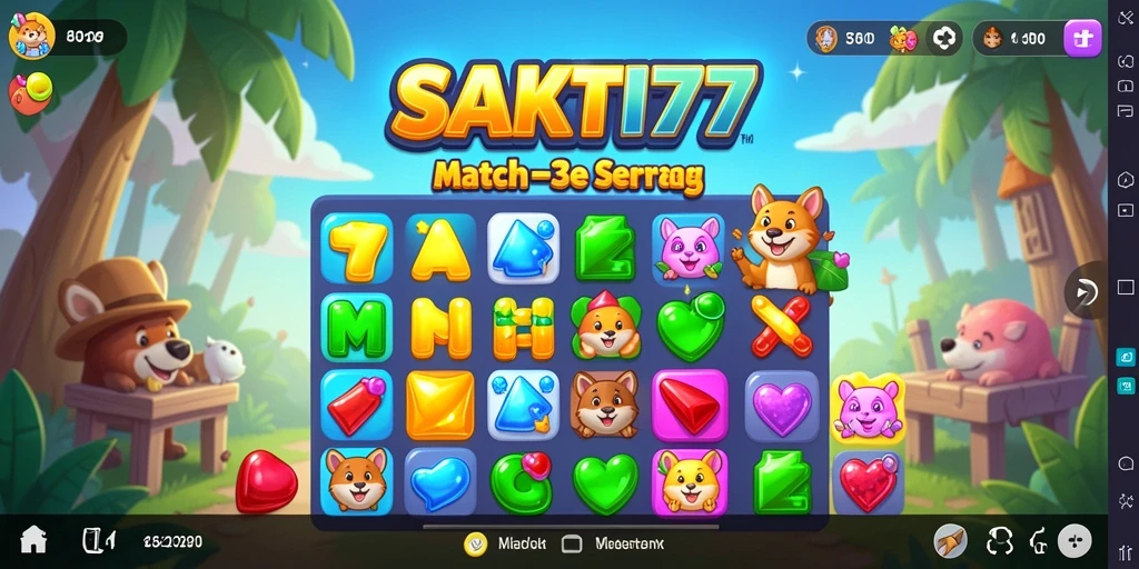 Tampilan gameplay SAKTI77 dengan suasana Match-3 yang ceria.