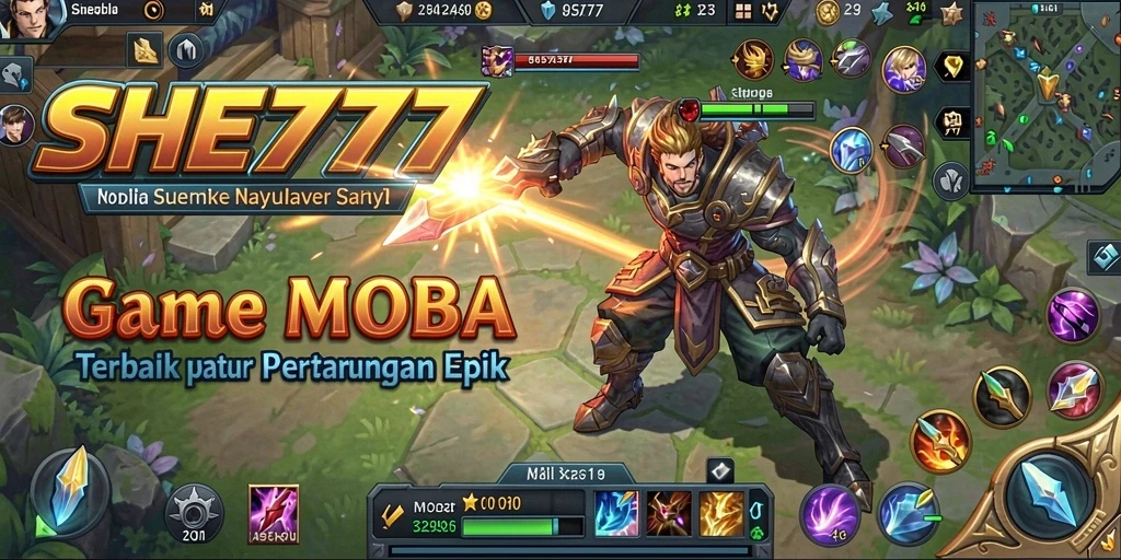 Screenshot utama SHE777 menampilkan aksi seru karakter hero MOBA.